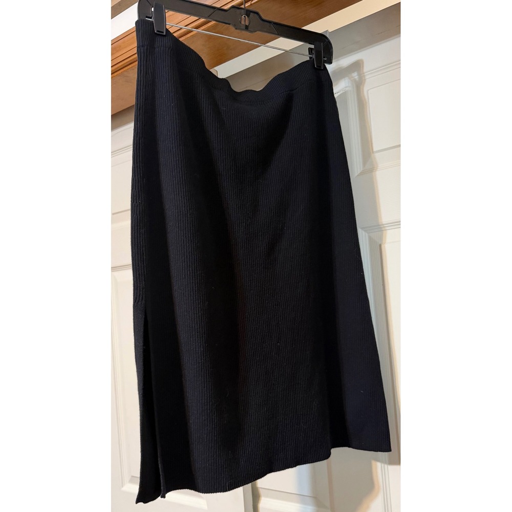 Black Ribbed Knit Midi Skirt Side Slit Elastic Waist Casual Office Wear